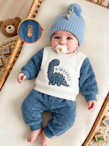SHEIN Vintaside Kids 2件組男嬰可愛藍白恐龍刺繡毛絨拼接長袖圓領加厚羅紋運動衫褲套裝，適合秋冬冬季旅行與聖誕 - 淺藍色 - 查看 5