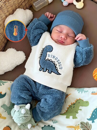 SHEIN Vintaside Kids 2-delige babyjongens sweatshirtbroek, schattig blauw-wit, dinosaurussen geborduurd, pluizige patchwork, lange mouwen, ronde hals, dik, voor reizen, winter, herfst, kerst, geribbelde boorden