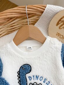 SHEIN Vintaside Kids 2件組男嬰可愛藍白恐龍刺繡毛絨拼接長袖圓領加厚羅紋運動衫褲套裝，適合秋冬冬季旅行與聖誕 - 淺藍色 - 查看 8