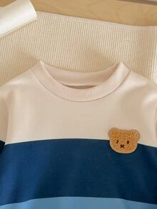 SHEIN Vintaside Kids 2件組 幼兒男童運動衫＋慢跑長褲套裝，可愛藍米色拼接熊貼布，羅紋長袖圓領加厚款，適合戶外秋冬假期穿著 - 藍色 - 查看 7