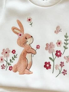 SHEIN Vintaside Kids 2件組幼女運動衫與內搭褲套裝，可愛奶油白兔花朵刺繡，抓絨長袖圓領加厚款，冬季聖誕節秋季毛絨保暖服 - 卡其色 - 查看 9