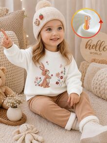 SHEIN Vintaside Kids 2件組幼女運動衫與內搭褲套裝，可愛奶油白兔花朵刺繡，抓絨長袖圓領加厚款，冬季聖誕節秋季毛絨保暖服 - 卡其色 - 查看 3