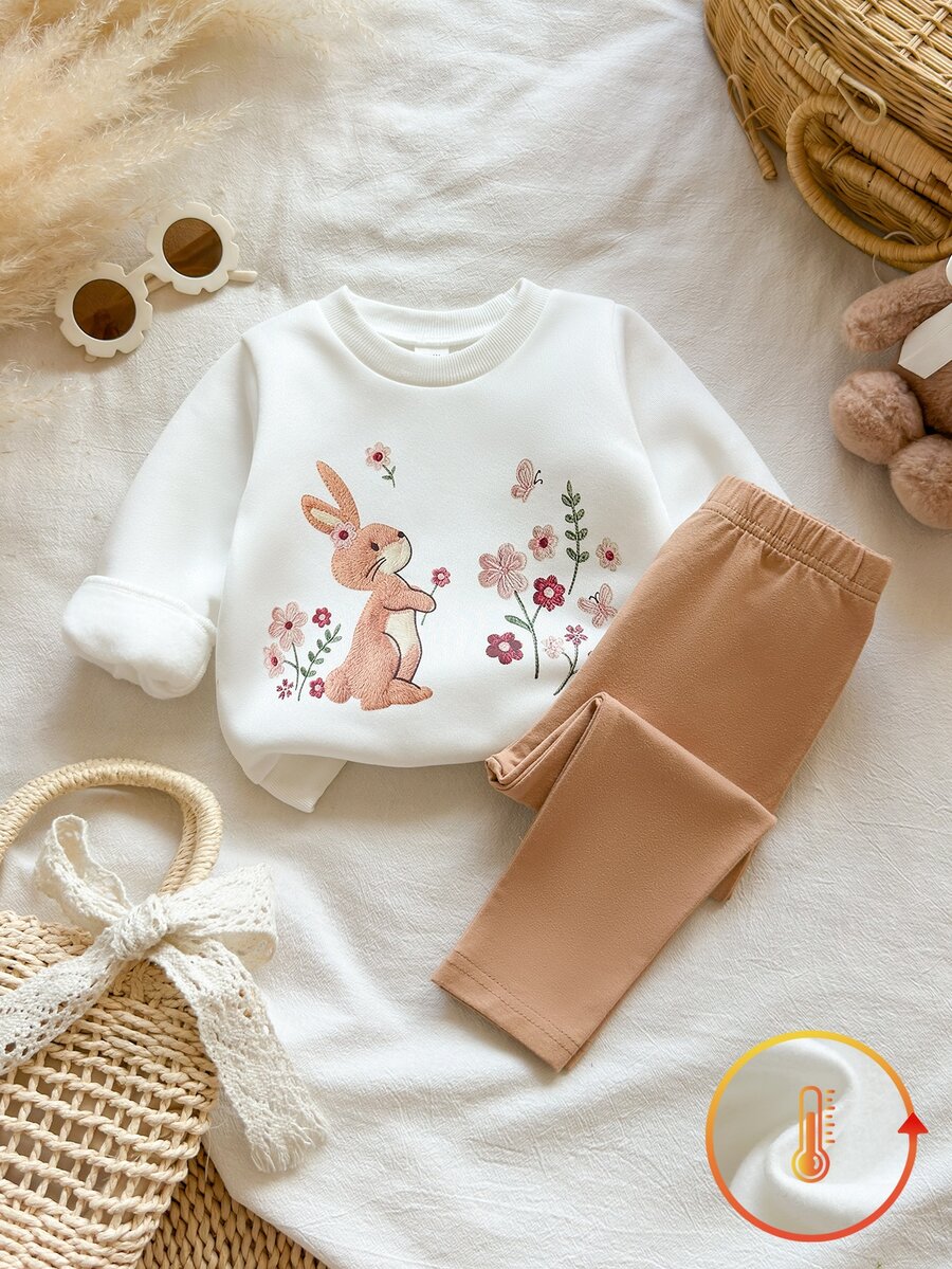SHEIN Vintaside Kids 2件組幼女運動衫與內搭褲套裝,可愛奶油白兔花朵刺繡,抓絨長袖圓領加厚款,冬季聖誕節秋季毛絨保暖服 - 卡其色 - 查看 1