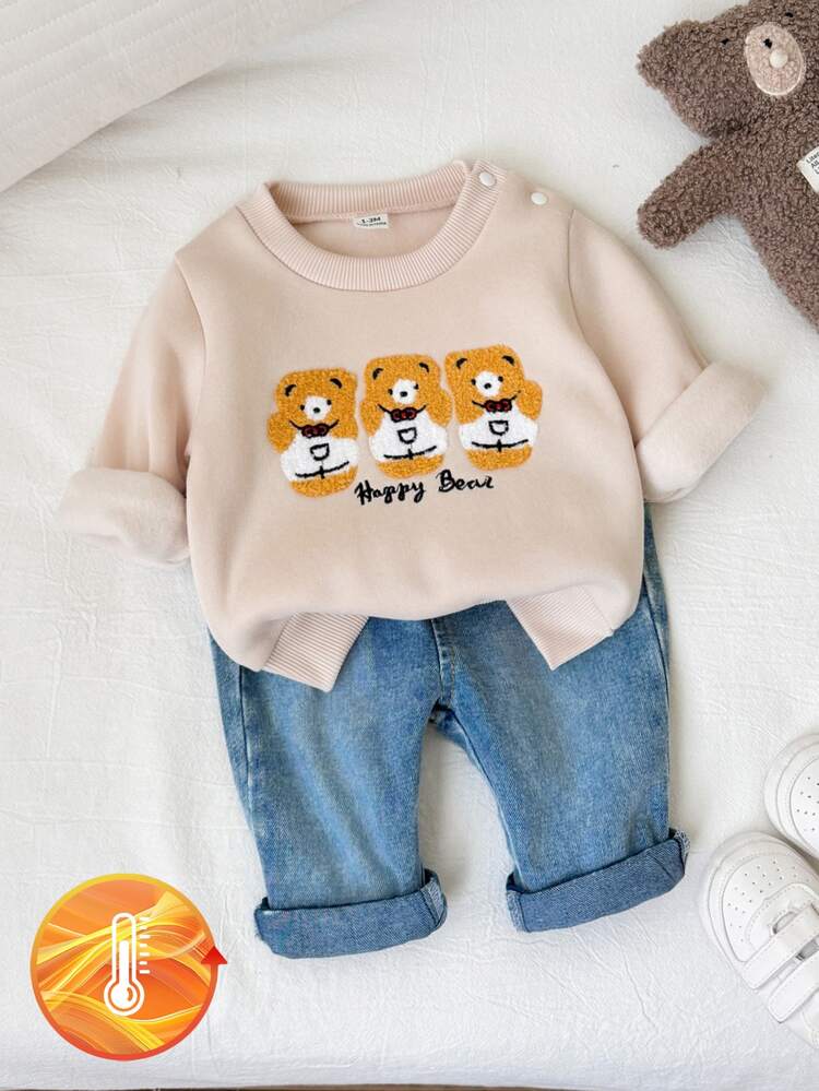 SHEIN 2pcs Newborn Baby Sweatshirt + Denim Jeans Cute Preppy Beige Blue Bear Embroidery Ribbed Long Sleeve Round Neck Thick Holiday Winter Christmas Fall - Apricot - View 4