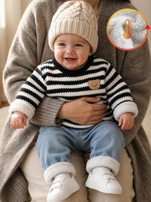 SHEIN Vintaside Kids 2件組男嬰可愛黑白藍條紋熊貼布長袖圓領厚款戶外冬季針織衫牛仔褲套裝，適合假期與秋季 - 黑與白 - 查看 3