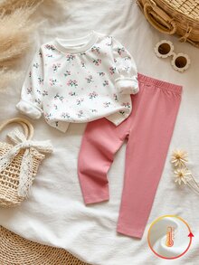 SHEIN Vintaside Kids 2件組幼女運動衫長褲套裝，甜美白色與灰粉色花卉印花，羅紋長袖圓領加厚抓絨，適合派對、冬季假期與聖誕節 - 粉色 - 查看 1