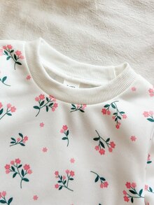SHEIN Vintaside Kids 2件組幼女運動衫長褲套裝，甜美白色與灰粉色花卉印花，羅紋長袖圓領加厚抓絨，適合派對、冬季假期與聖誕節 - 粉色 - 查看 4
