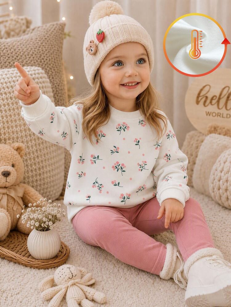 SHEIN Vintaside Kids 2pcs Toddler Girl Sweatshirt Pants Set Sweet White Dusty Pink Floral Print Ribbed Long Sleeve Round Neck Thick Party Winter Holiday Christmas Fleece - Pink - View 1