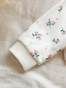 SHEIN Vintaside Kids 2件組幼女運動衫長褲套裝，甜美白色與灰粉色花卉印花，羅紋長袖圓領加厚抓絨，適合派對、冬季假期與聖誕節 - 粉色 - 查看 7