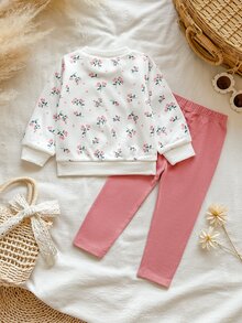 SHEIN Vintaside Kids 2件組幼女運動衫長褲套裝，甜美白色與灰粉色花卉印花，羅紋長袖圓領加厚抓絨，適合派對、冬季假期與聖誕節 - 粉色 - 查看 2