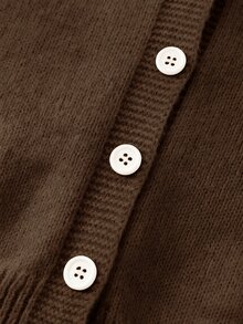 SHEIN Girls' Coffee Brown Solid Knit Cardigan,Autumn Casual Sunday Back-To-School Fashionable Hooded Sweater,Children Short Button Jacket For Tween Girl - Brown - View 5