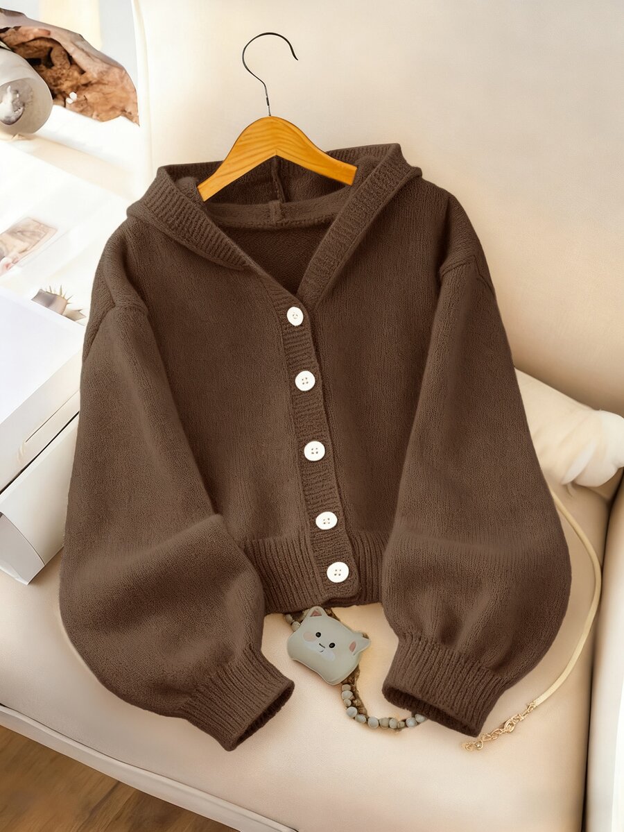 SHEIN Girls' Coffee Brown Solid Knit Cardigan,Autumn Casual Sunday Back-To-School Fashionable Hooded Sweater,Children Short Button Jacket For Tween Girl - Brown - View 1
