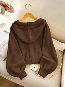 SHEIN Girls' Coffee Brown Solid Knit Cardigan,Autumn Casual Sunday Back-To-School Fashionable Hooded Sweater,Children Short Button Jacket For Tween Girl - Brown - View 2