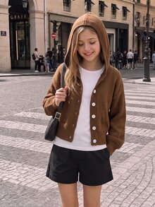 SHEIN Girls' Coffee Brown Solid Knit Cardigan,Autumn Casual Sunday Back-To-School Fashionable Hooded Sweater,Children Short Button Jacket For Tween Girl - Brown - View 7