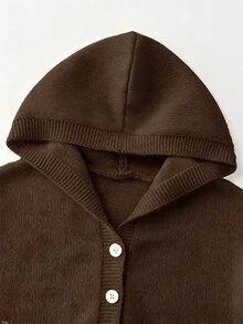 SHEIN Girls' Coffee Brown Solid Knit Cardigan,Autumn Casual Sunday Back-To-School Fashionable Hooded Sweater,Children Short Button Jacket For Tween Girl - Brown - View 3