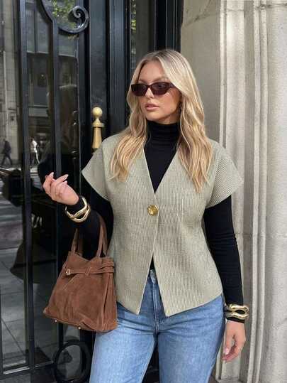 Auralis Blusa-chaqueta de verano sin mangas con cintura ceñida, decoración de hebilla metálica en forma de X, talla grande, color camello texturizado bitono, casual elegante para mujer, oficina y formal