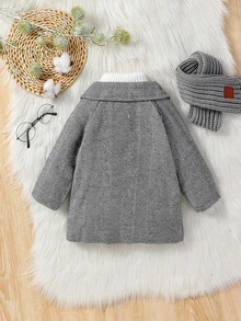 SHEIN 0-3T Baby Herringbone Lapel Coat, Fleece Lined Interior, Button Closure With Side Pockets, Warm Textured Overcoat For Autumn Winter. - Multicolor - View 7