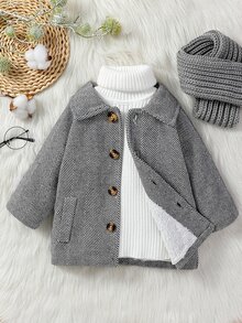 SHEIN 0-3T Baby Herringbone Lapel Coat, Fleece Lined Interior, Button Closure With Side Pockets, Warm Textured Overcoat For Autumn Winter. - Multicolor - View 2