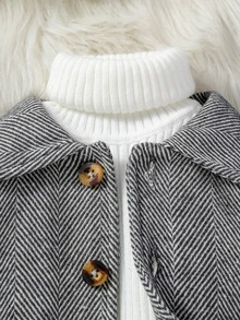 SHEIN 0-3T Baby Herringbone Lapel Coat, Fleece Lined Interior, Button Closure With Side Pockets, Warm Textured Overcoat For Autumn Winter. - Multicolor - View 8