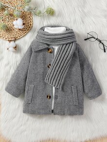 SHEIN 0-3T Baby Herringbone Lapel Coat, Fleece Lined Interior, Button Closure With Side Pockets, Warm Textured Overcoat For Autumn Winter. - Multicolor - View 5