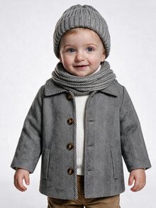 SHEIN 0-3T Baby Herringbone Lapel Coat, Fleece Lined Interior, Button Closure With Side Pockets, Warm Textured Overcoat For Autumn Winter. - Multicolor - View 1