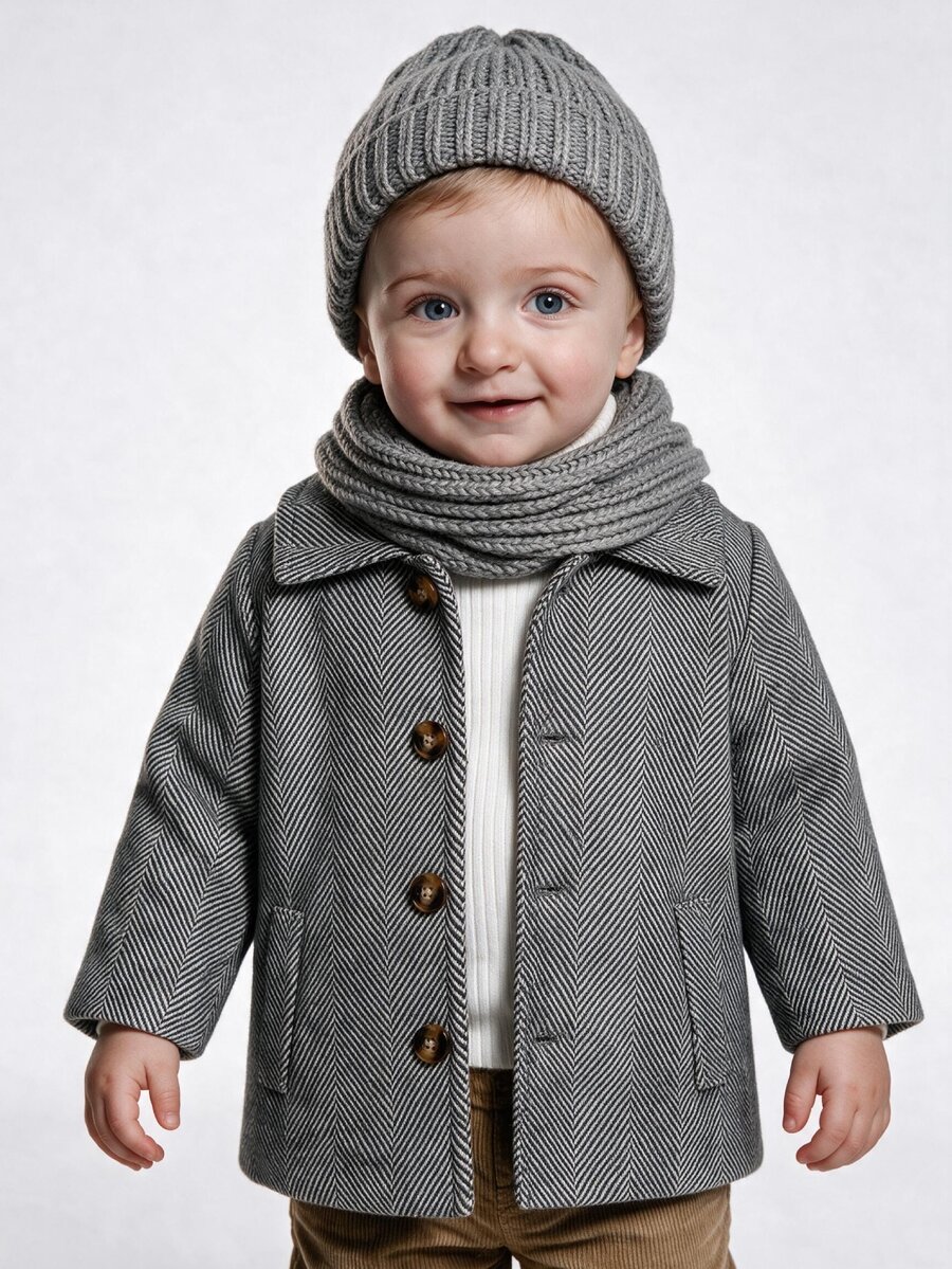 SHEIN 0-3T Baby Herringbone Lapel Coat, Fleece Lined Interior, Button Closure With Side Pockets, Warm Textured Overcoat For Autumn Winter. - Multicolor - View 1
