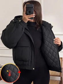 SHEIN جاكيت مبطن سميك بقلنسوة وجيب بغطاء للمراهقات، خريف وشتاء - الأسود - مشاهدة 1