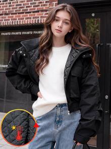 SHEIN جاكيت مبطن سميك بقلنسوة وجيب بغطاء للمراهقات، خريف وشتاء - الأسود - مشاهدة 7