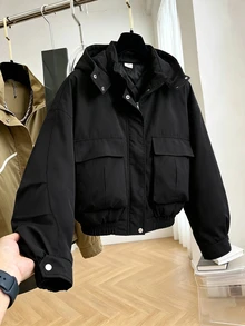 SHEIN جاكيت مبطن سميك بقلنسوة وجيب بغطاء للمراهقات، خريف وشتاء - الأسود - مشاهدة 4