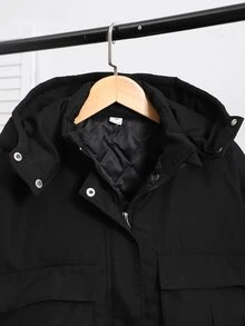 SHEIN جاكيت مبطن سميك بقلنسوة وجيب بغطاء للمراهقات، خريف وشتاء - الأسود - مشاهدة 8