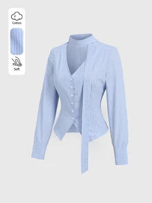 Sweetra Spring/Autumn New Striped Shirt, Fashionable & Minimalist, Suitable For Commuting And Street Wear - Blue - View 6