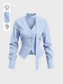 Sweetra Spring/Autumn New Striped Shirt, Fashionable & Minimalist, Suitable For Commuting And Street Wear - Blue - View 1