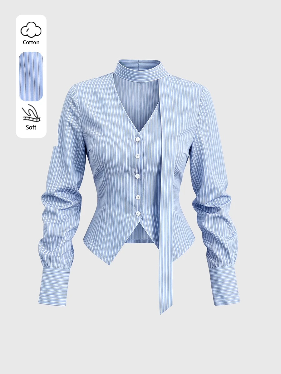 Sweetra Spring/Autumn New Striped Shirt, Fashionable & Minimalist, Suitable For Commuting And Street Wear - Blue - View 1