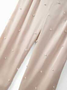 GlowEve CURVE Plus Size Women's Luxury Commuter Elegant Style Satin Long Pants, Pearl Decor + Back Waist Elastic Wide Leg Design, Suitable For Daily Commute, Light Business Occasions, Vacation Travel - Champagne - View 5