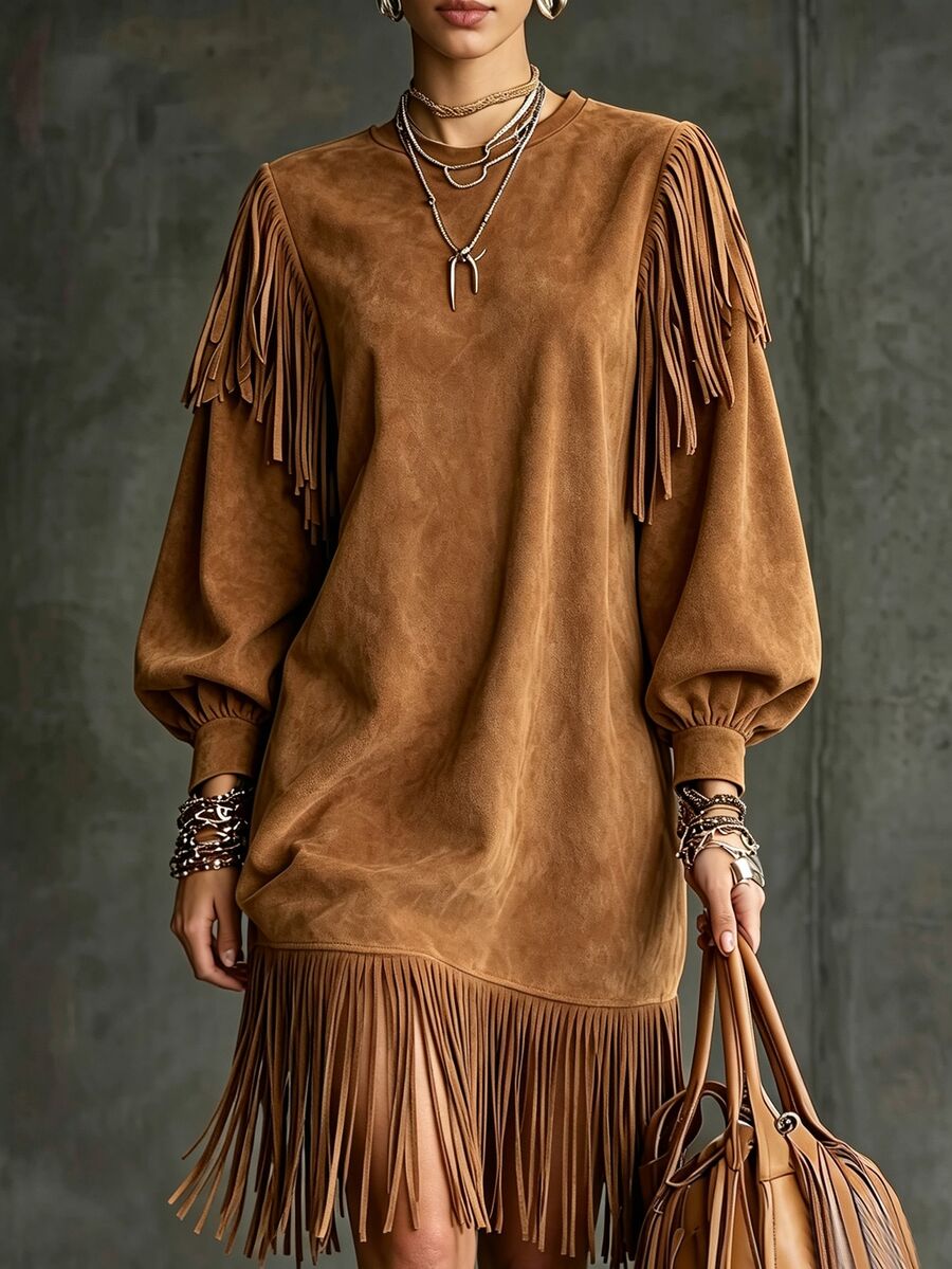 LUMIGAL Gaun Wanita Suede Rumbai Lurus Longgar Panjang Sedang, Gaya Bohemian Vintage Musim Semi/Musim Gugur - Mocha Brown - View 1