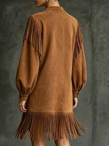 LUMIGAL Gaun Wanita Suede Rumbai Lurus Longgar Panjang Sedang, Gaya Bohemian Vintage Musim Semi/Musim Gugur - Mocha Brown - View 2