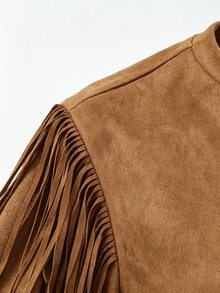 LUMIGAL Gaun Wanita Suede Rumbai Lurus Longgar Panjang Sedang, Gaya Bohemian Vintage Musim Semi/Musim Gugur - Mocha Brown - View 3