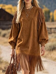 LUMIGAL Gaun Wanita Suede Rumbai Lurus Longgar Panjang Sedang, Gaya Bohemian Vintage Musim Semi/Musim Gugur - Mocha Brown - View 4