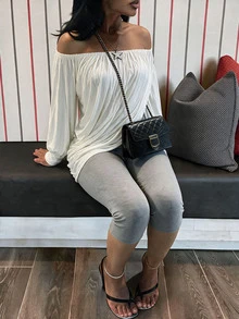 BamGleam Lazy Vibe Casual Off-Shoulder Twisted Asymmetric Cross-Neck Dropped Shoulder Long Sleeve Top Lounge Off-White Grey Summer - White - View 4
