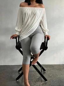 BamGleam Lazy Vibe Casual Off-Shoulder Twisted Asymmetric Cross-Neck Dropped Shoulder Long Sleeve Top Lounge Off-White Grey Summer - White - View 2