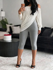 BamGleam Lazy Vibe Casual Off-Shoulder Twisted Asymmetric Cross-Neck Dropped Shoulder Long Sleeve Top Lounge Off-White Grey Summer - White - View 5