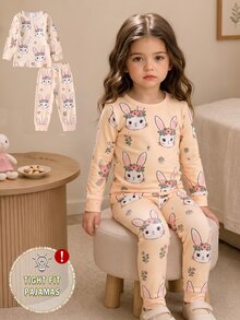 SHEIN 【隨機6款，發貨1套】女童幼兒居家緊身睡衣套裝，長袖長褲，兔子愛心蝴蝶結波點花朵卡通印花，四季適用，居家或戶外玩耍，柔軟親膚貼身 - 彩色 - 查看 3