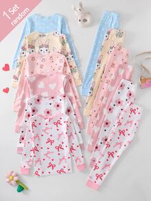 SHEIN 【隨機6款，發貨1套】女童幼兒居家緊身睡衣套裝，長袖長褲，兔子愛心蝴蝶結波點花朵卡通印花，四季適用，居家或戶外玩耍，柔軟親膚貼身 - 彩色 - 查看 2