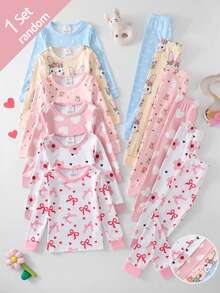SHEIN 【隨機6款，發貨1套】女童幼兒居家緊身睡衣套裝，長袖長褲，兔子愛心蝴蝶結波點花朵卡通印花，四季適用，居家或戶外玩耍，柔軟親膚貼身 - 彩色 - 查看 4