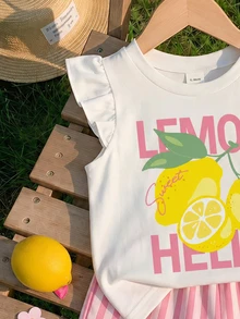 Kids Young Girl Casual Fashion Cute Flutter Sleeve Round Neck Top, Cartoon Pattern, Suitable For Spring And Summer - Multicolor - View 3
