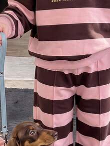 女嬰復古混色條紋長袖秋季衛衣與百褶寬腿運動褲套裝，適合派對、日常穿著、度假 - 彩色 - 查看 6