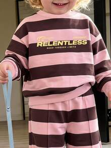 女嬰復古混色條紋長袖秋季衛衣與百褶寬腿運動褲套裝，適合派對、日常穿著、度假 - 彩色 - 查看 5