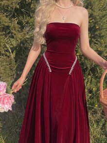 SHEIN MOD Burgundy Velvet Strapless Pearl & Rhinestone Embellished Dress - Burgundy - View 7
