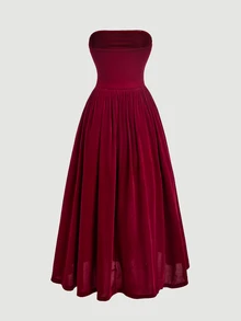 SHEIN MOD Burgundy Velvet Strapless Pearl & Rhinestone Embellished Dress - Burgundy - View 4