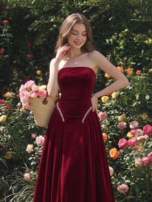 SHEIN MOD Burgundy Velvet Strapless Pearl & Rhinestone Embellished Dress - Burgundy - View 1